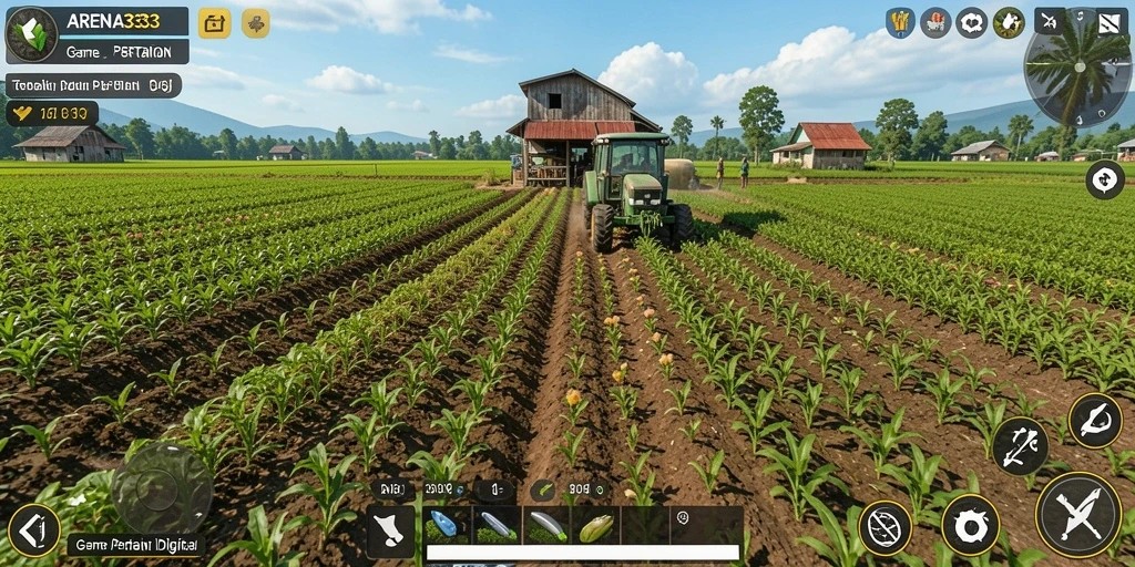Tangkapan layar gameplay ARENA333 menampilkan suasana pertanian yang realistis.