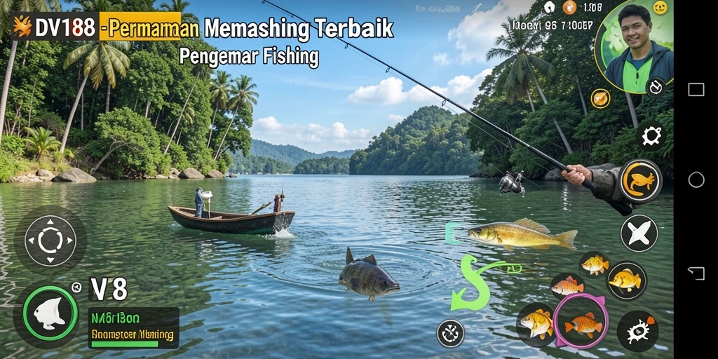 Tampilan seru gameplay memancing dalam DV188 yang menampilkan aksi menangkap ikan.