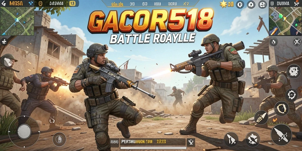 Screenshot GACOR518 menampilkan aksi seru di medan perang Battle Royale.