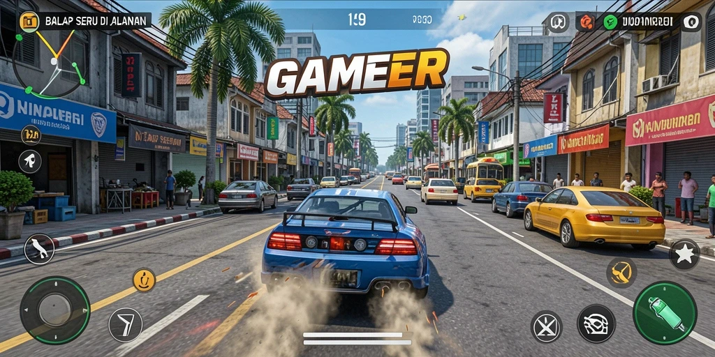 Tampilan gameplay GAMERP yang seru dan mendebarkan saat balapan.